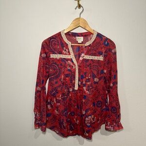 Maeve Red Blue Floral Boho Peasant Blouse Women’s Size 0 – Lace Trim Long Sleeve